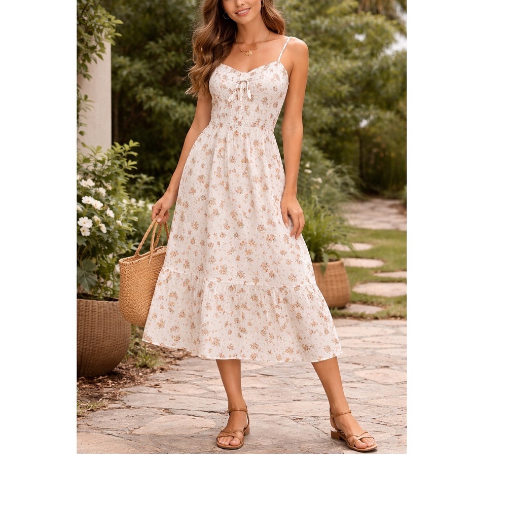 No Comment NY.LA Floral Cottagecore Midi Dress Smocked Waist Tie Strap Prairie
